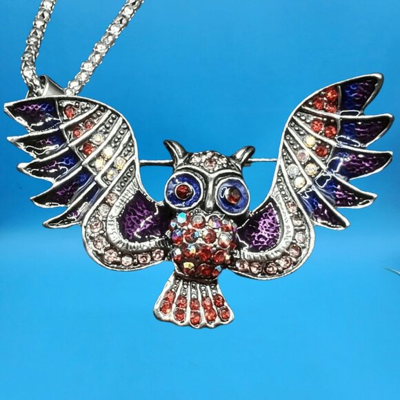 Colorful Owl Pin / Pendant Combo Necklace Rhinestone Enamel Jewelry Gift Boxed - Picture 4 of 8